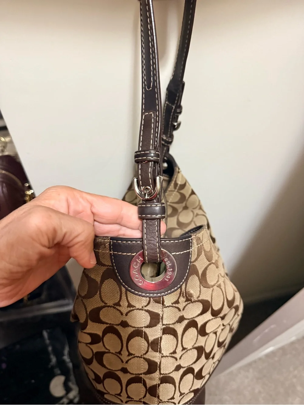 Vintage Authentic Coach Signature Canvas Shoulder Hobo with brown leather trim
